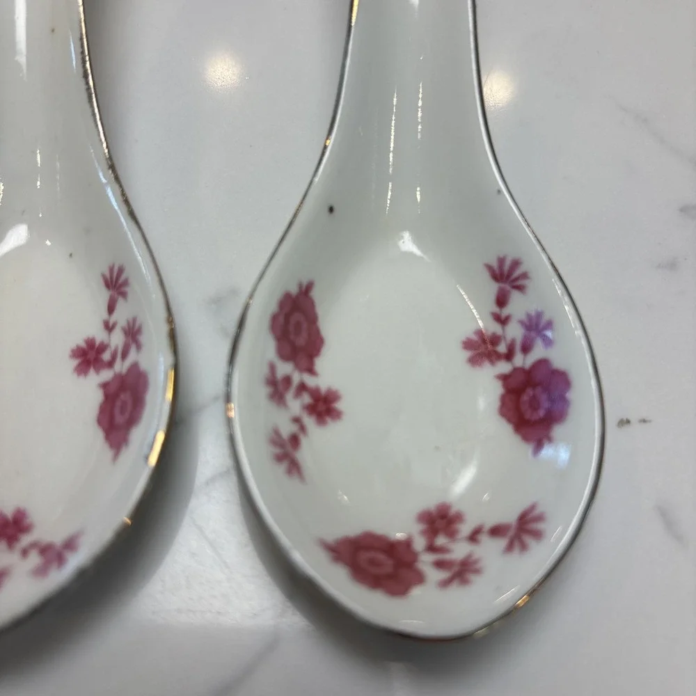 VTG Chinese Porcelain Spoons‎ Pink Roses Floral Gold Edging  5